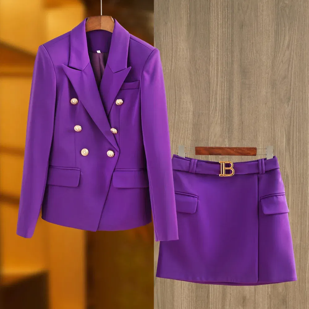 Color: PURPLE, Size: S, Ships From: CN - New Arrival Elegant Style Lady Office Work Suit Double-breasted Long Sleeve Fitted Blazer A-line Pencil Mini Skirt Women 2Pcs