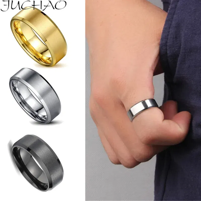 Main Stone Color: Black, Ring Size: 7 - JUCHAO Classic Ring Men Titanium Black Men Jewelry Wedding Bands Boyfriend Gift Dropshipping