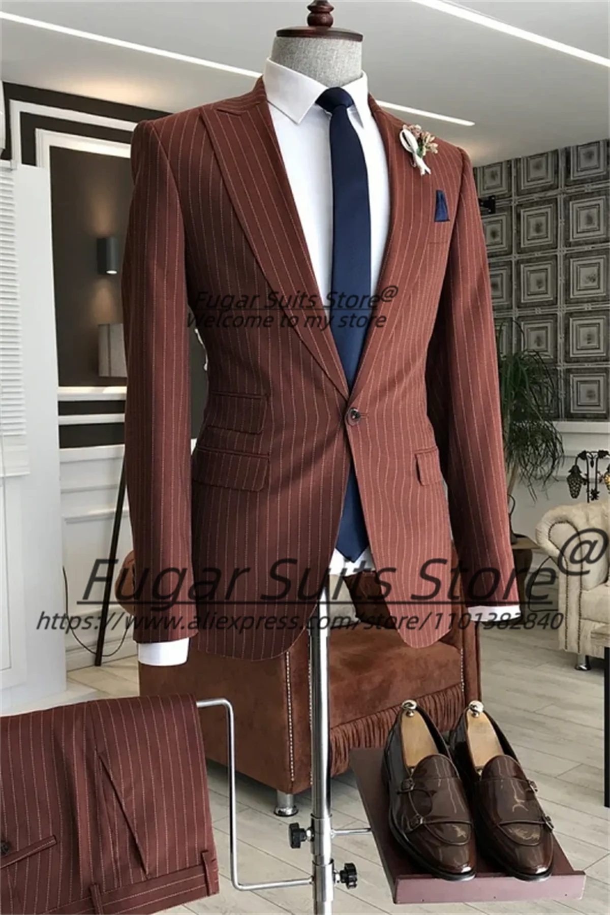 Color: Burgundy, Size: 6XL - Wine Red Stripe Wedding Suits For Men Slim Fit Peak Lapel Groom Party Tuxedos 2 Pieces Sets Business Male Blazers Costume Homme