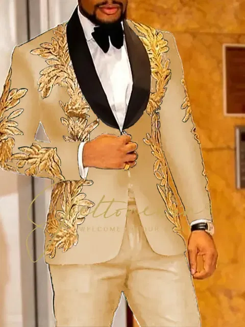 Color: MULTI, Size: XL - Luxury Groom Wedding Tuxedos Gold Sequins Appliques Black Men Suits Slim Fit Costume Homme Marriage Prom Suits