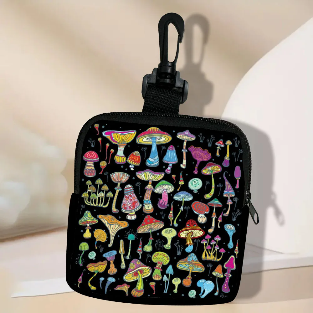 Color: Beige - Mushroom-Seamless-Pattern Portable Women  Coin Bag  Money Purse Id Card Holder Wallet Case Zipper Key Storage Pouch Key Bag 5.23