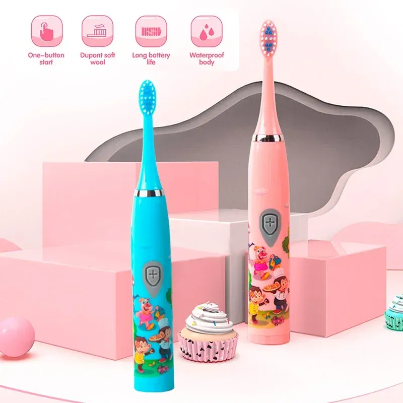 Color: Beige - Sonic Children Electric Toothbrush Colorful Cartoon Cute Pattern Ultrasonic Rechargeable Soft Hair Smart Brush Oral Cleaning
