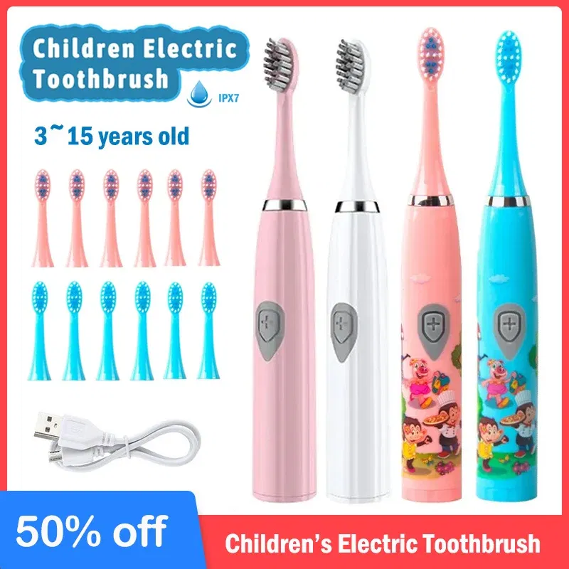 Color: Beige - Sonic Children Electric Toothbrush Colorful Cartoon Cute Pattern Ultrasonic Rechargeable Soft Hair Smart Brush Oral Cleaning