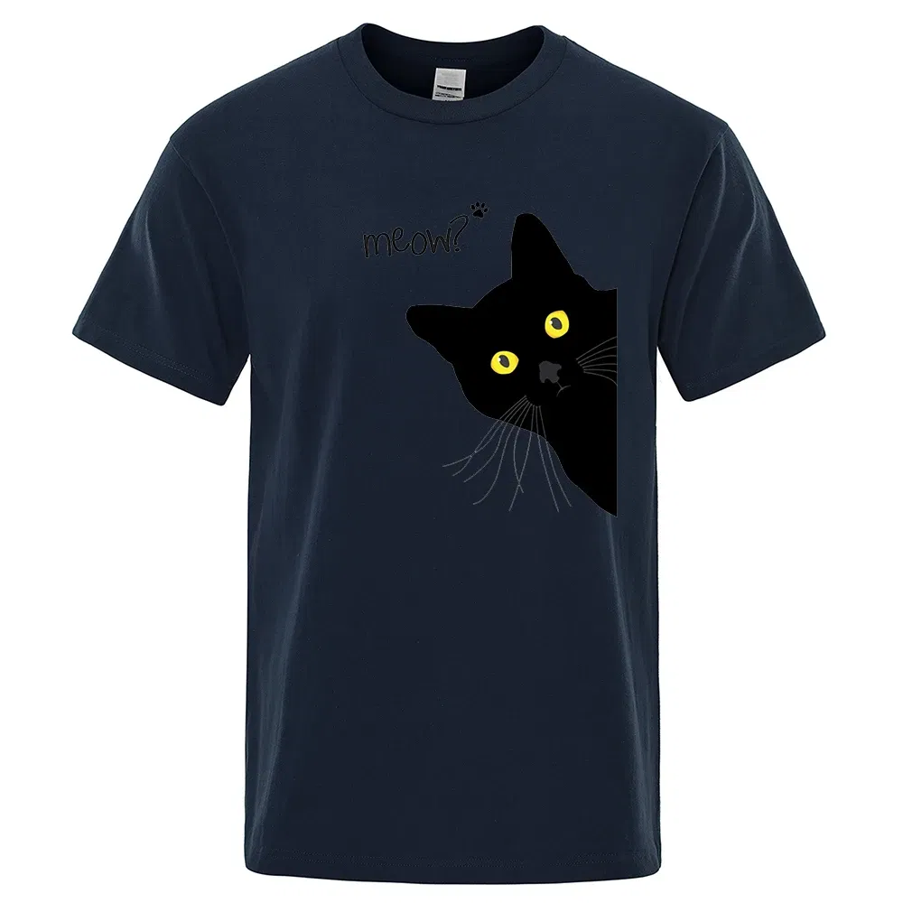 Color: Beige, Size: S - Meow Black Cat Funny Printing Men T-Shirts Breathable Tee Clothes Summer Streetwear Tops Oversized Loose Cotton Short Sleeve