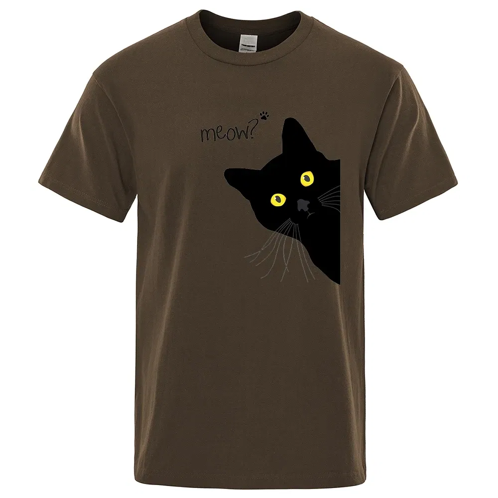 Color: Beige, Size: S - Meow Black Cat Funny Printing Men T-Shirts Breathable Tee Clothes Summer Streetwear Tops Oversized Loose Cotton Short Sleeve
