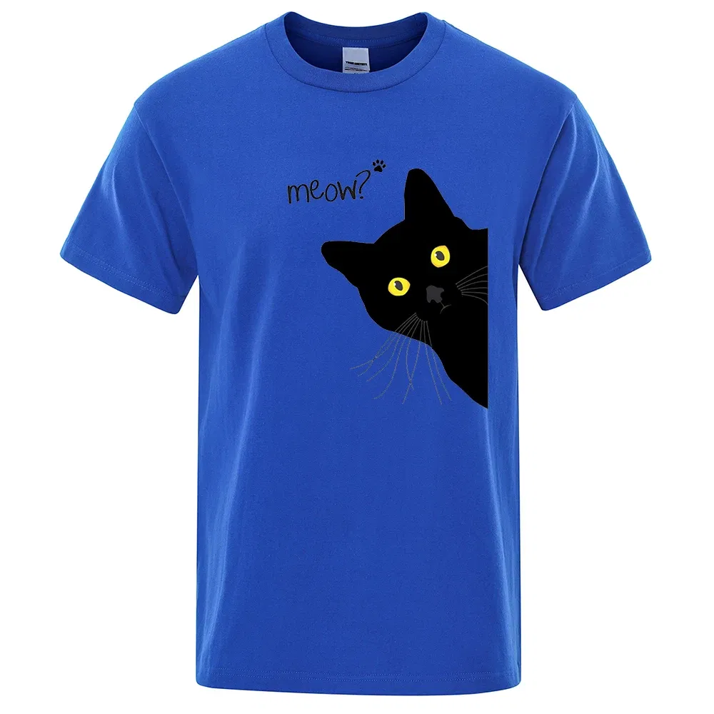 Color: Beige, Size: S - Meow Black Cat Funny Printing Men T-Shirts Breathable Tee Clothes Summer Streetwear Tops Oversized Loose Cotton Short Sleeve