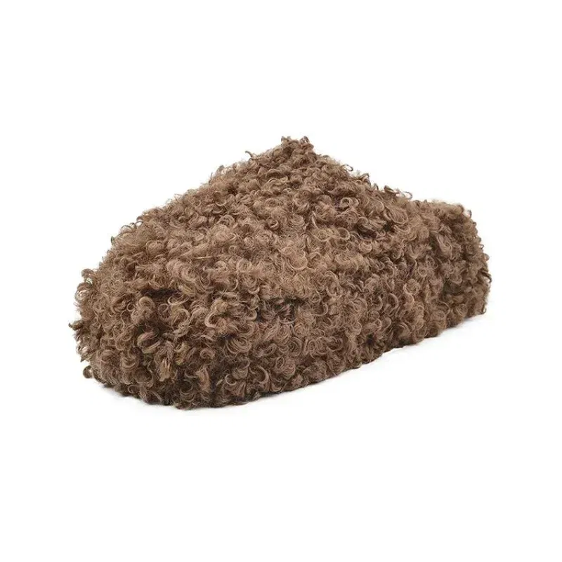 Color: Beige, Shoe Size: 38 - Thick Heel Luxury Lambwool Mules  Winter Shoes Woman Flip Flops Flat Cover Toe Slides Ins Warm Curly Lamb Fur Slippers Women