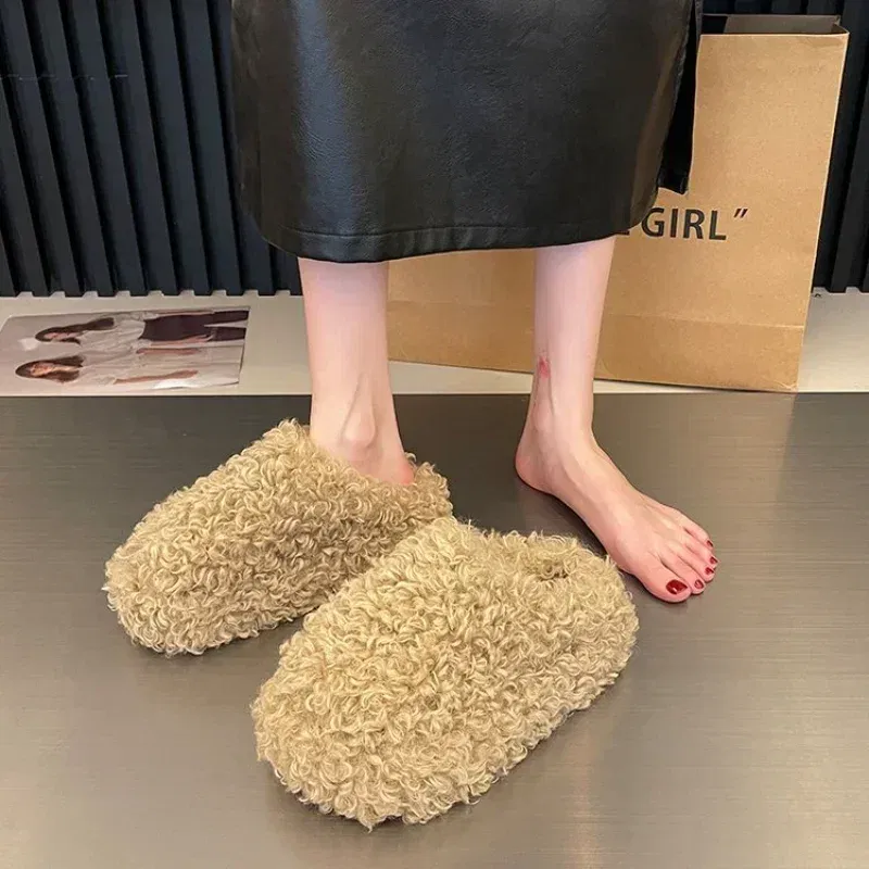 Color: Beige, Shoe Size: 38 - Thick Heel Luxury Lambwool Mules  Winter Shoes Woman Flip Flops Flat Cover Toe Slides Ins Warm Curly Lamb Fur Slippers Women