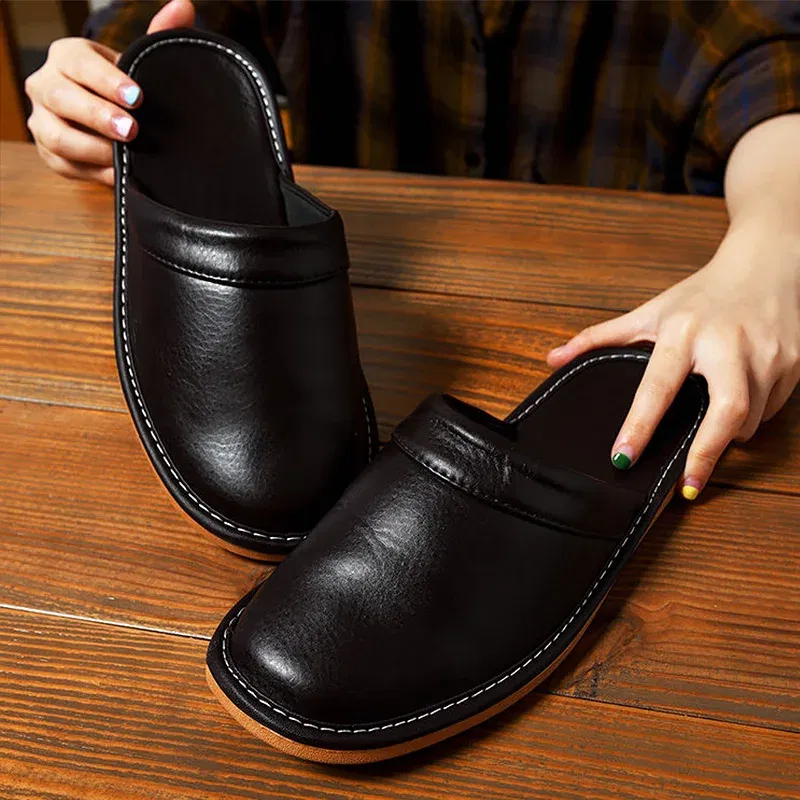 Color: GRAY, Shoe Size: 6.5 - Mens Bedroom Leather Slippers Unisex Black Home Shoes Big Size 47 48 Man's Slippers Indoor Comfy Males Slides Family Flats Shoes