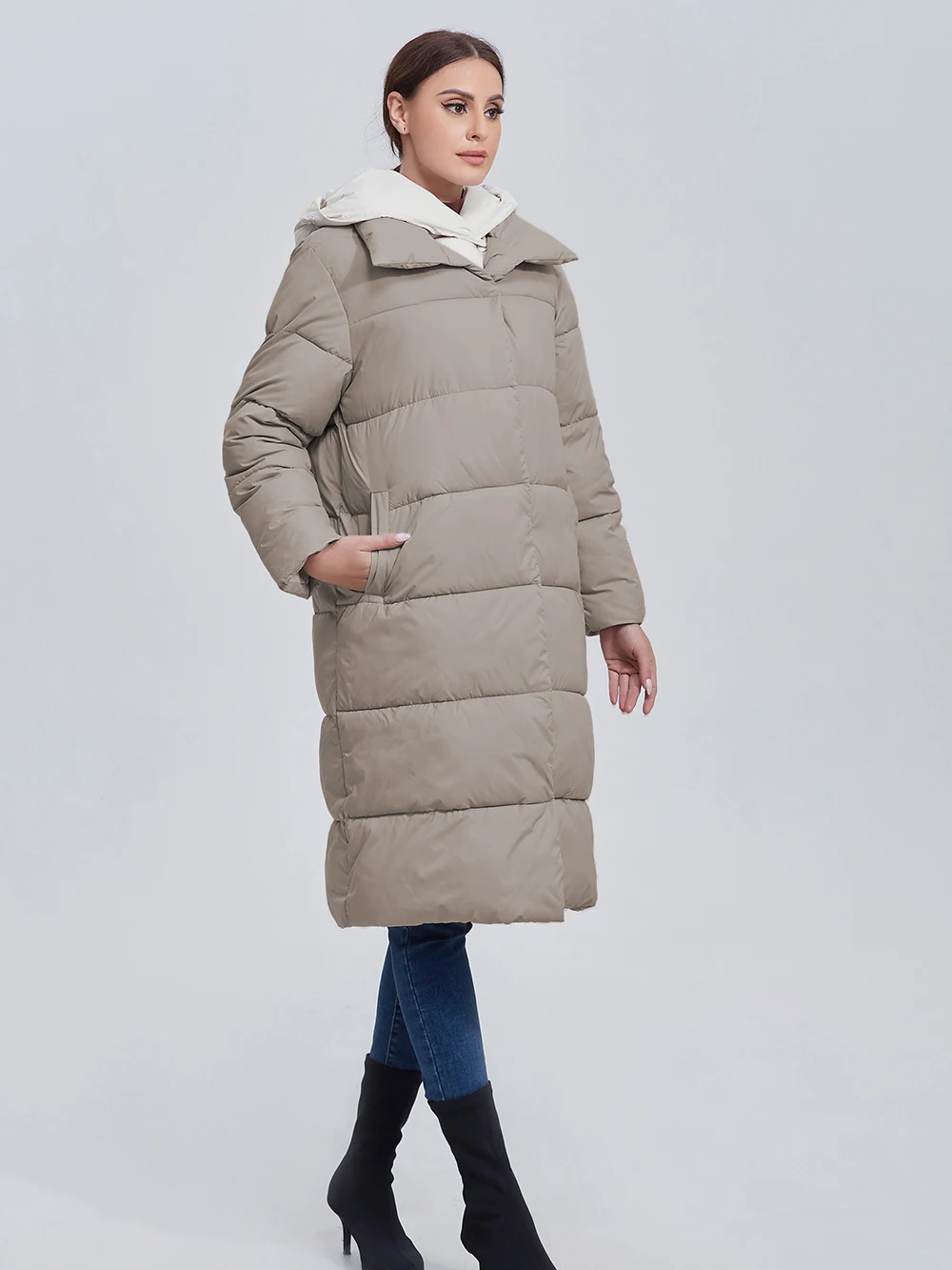 Color: Khaki, Size: L - Marwin 2023 Winter Elegant Women's Cotton Coat Stylish Collar Long Warm Hooded Jacket Female Windproof Parka
