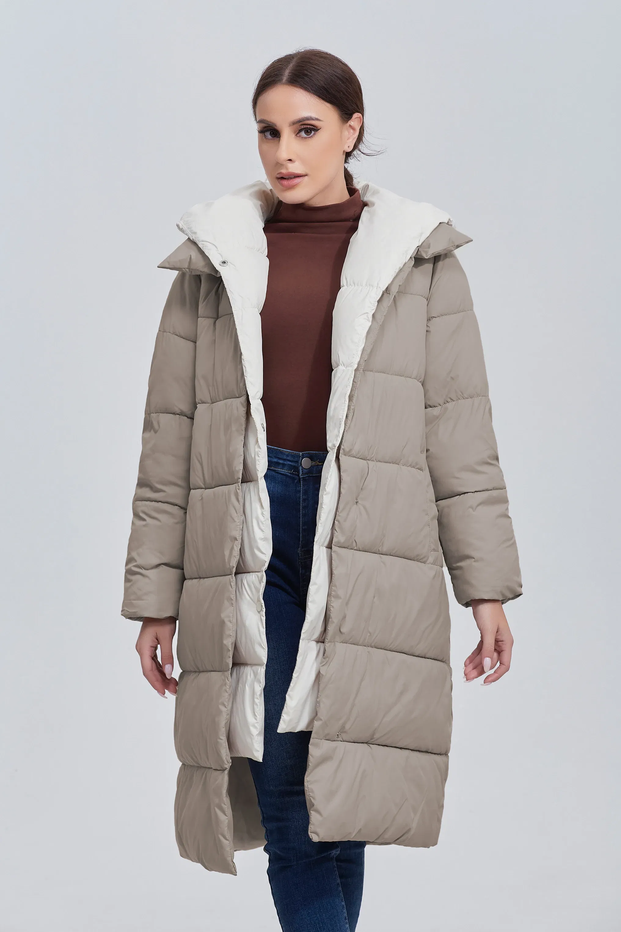 Color: Khaki, Size: L - Marwin 2023 Winter Elegant Women's Cotton Coat Stylish Collar Long Warm Hooded Jacket Female Windproof Parka