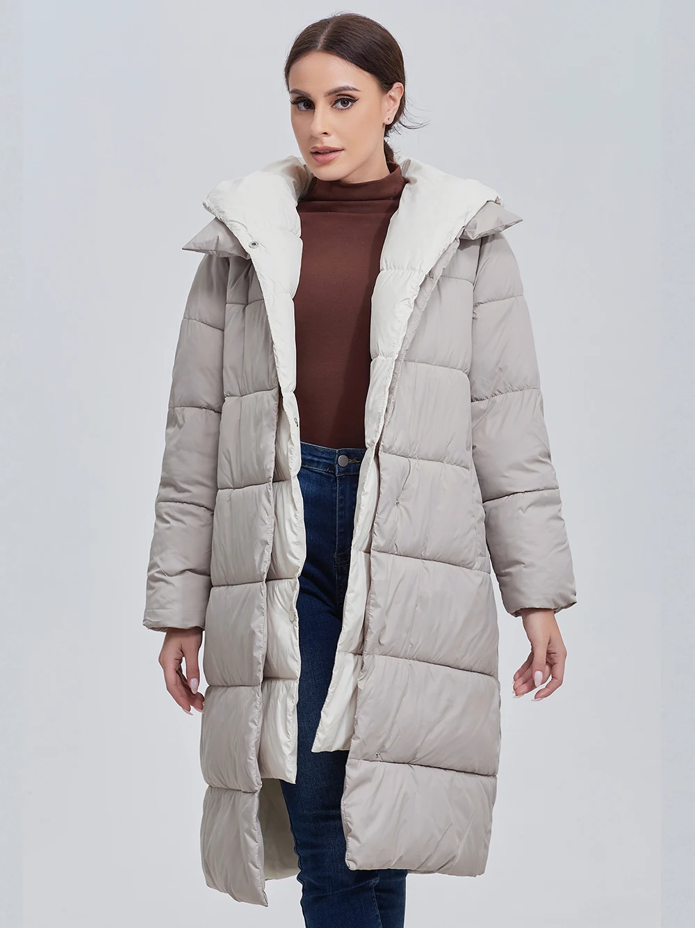 Color: Khaki, Size: L - Marwin 2023 Winter Elegant Women's Cotton Coat Stylish Collar Long Warm Hooded Jacket Female Windproof Parka