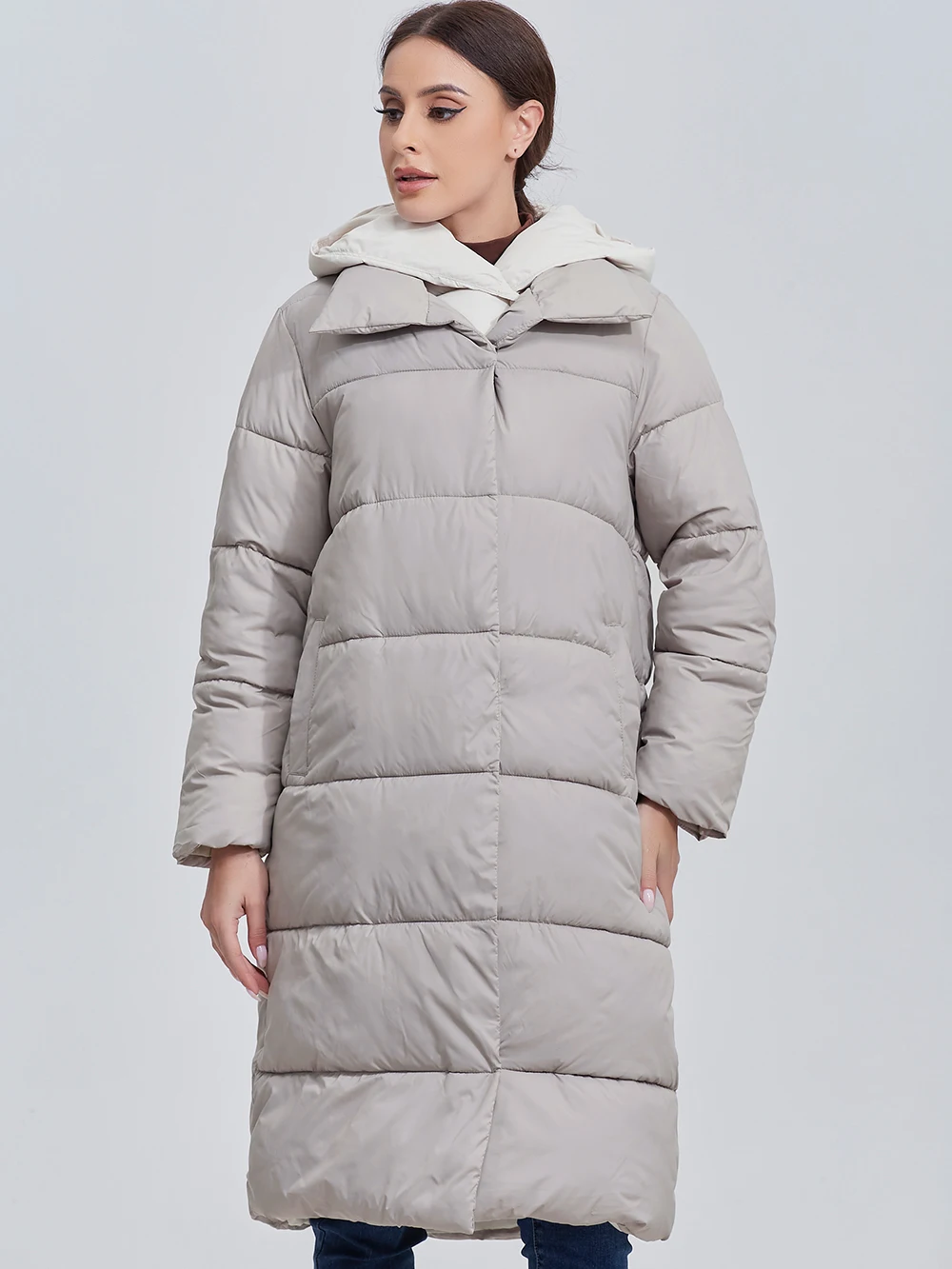 Color: Khaki, Size: L - Marwin 2023 Winter Elegant Women's Cotton Coat Stylish Collar Long Warm Hooded Jacket Female Windproof Parka