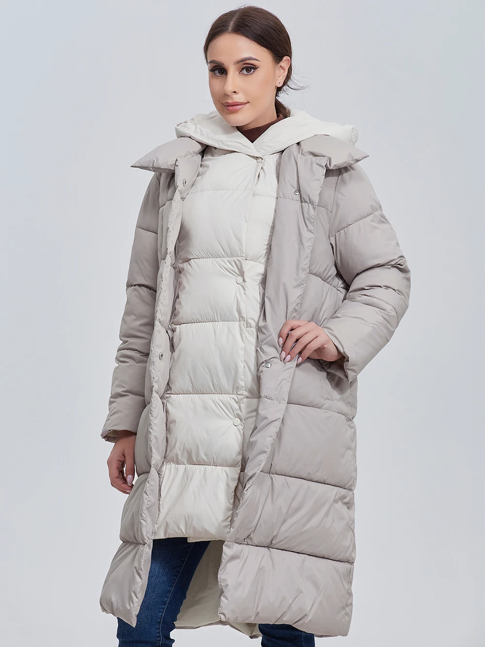 Color: Khaki, Size: L - Marwin 2023 Winter Elegant Women's Cotton Coat Stylish Collar Long Warm Hooded Jacket Female Windproof Parka