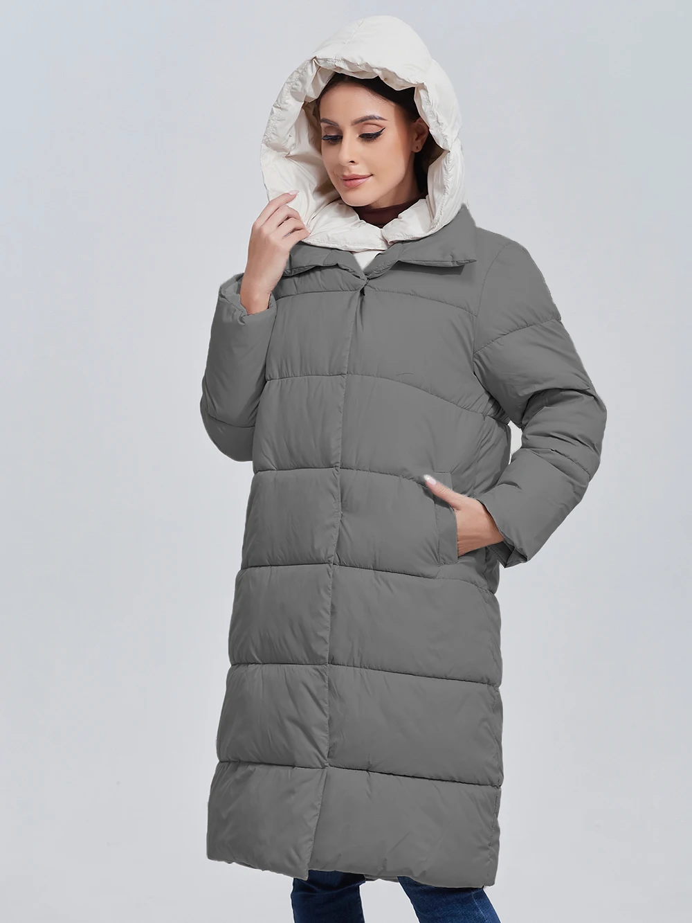 Color: Khaki, Size: L - Marwin 2023 Winter Elegant Women's Cotton Coat Stylish Collar Long Warm Hooded Jacket Female Windproof Parka
