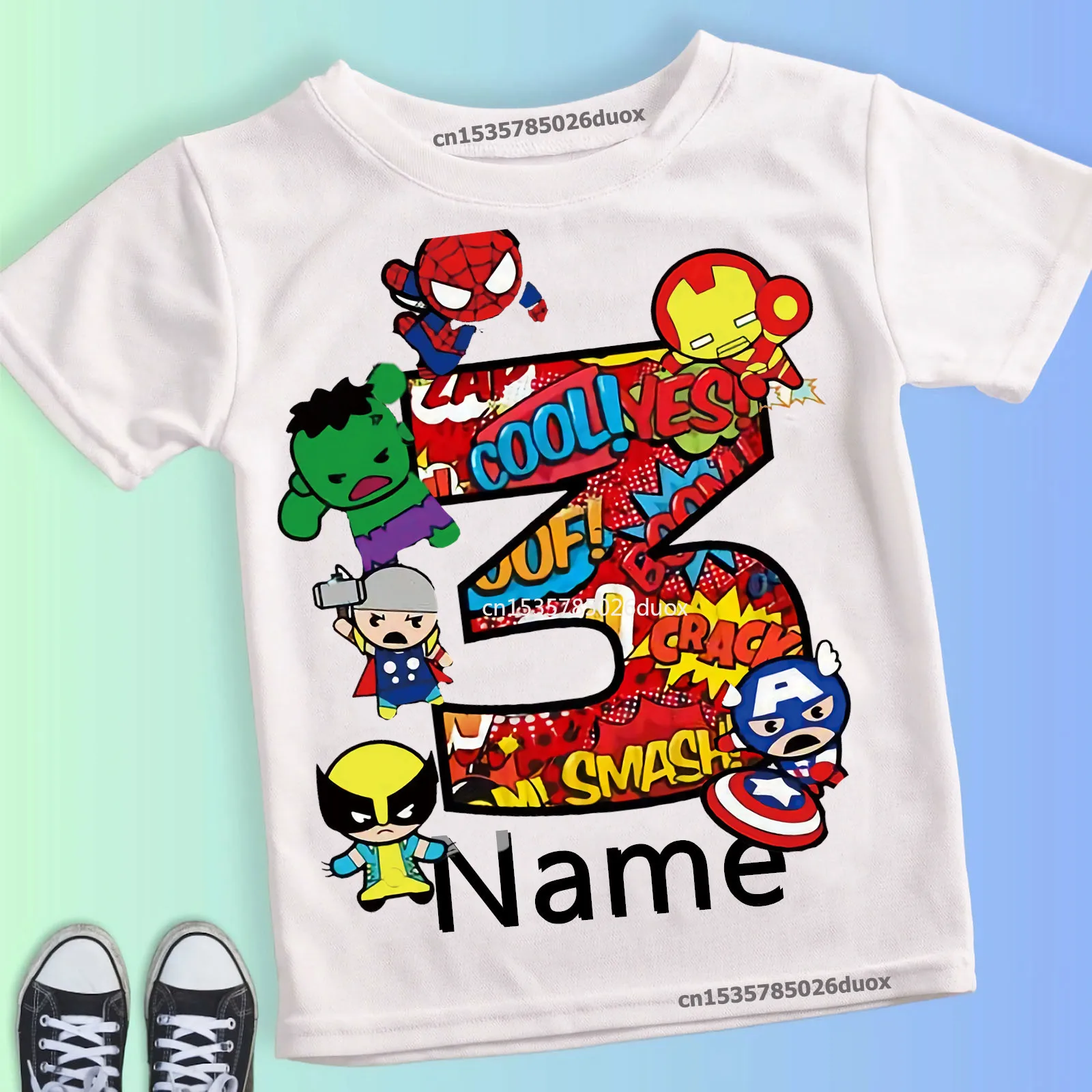 Color: Blue, Kid Size: 4T - Summer 2024 3 4 5 6 7 8 9 Marvel SuperHero Birthday Girl Short Sleeved T-shirt The Avengers Personalize Name Birthday Boy Shirt