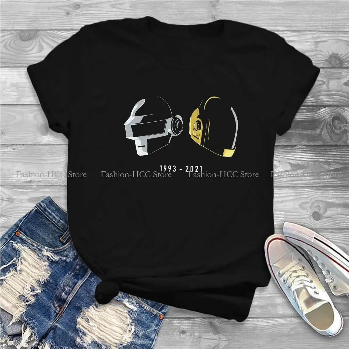 Color: black, Size: L - Daft Punk Electronic Music Band Polyester TShirts Tribute Helmet Art Essential Distinctive Women's T Shirt Hipster Tops