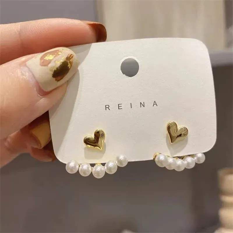 Metal Color: SILVER PLATED - Imitation Pearl Stud Earrings For Women Alloy Heart Double Sides Back Post Hanging Ear Cuff Valentine's Day Jewelry Girl Gift