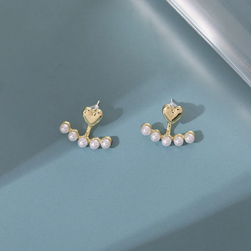 Metal Color: SILVER PLATED - Imitation Pearl Stud Earrings For Women Alloy Heart Double Sides Back Post Hanging Ear Cuff Valentine's Day Jewelry Girl Gift