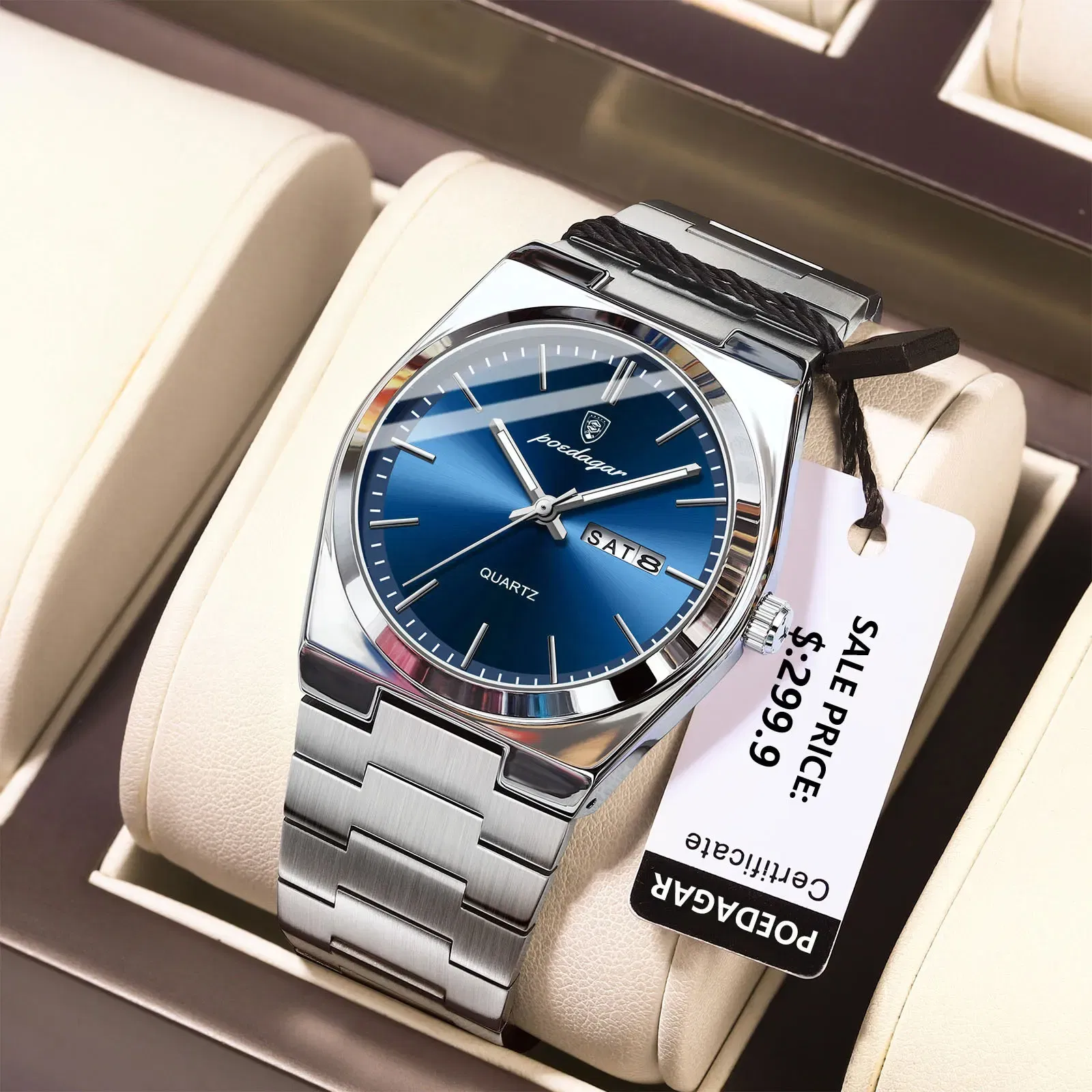 Color: Pink - POEDAGAR Luxury Watch For Man Waterproof Luminous Date Week Stainless Steel Men Watch Casual Quartz Men's Watches Male Clock+box