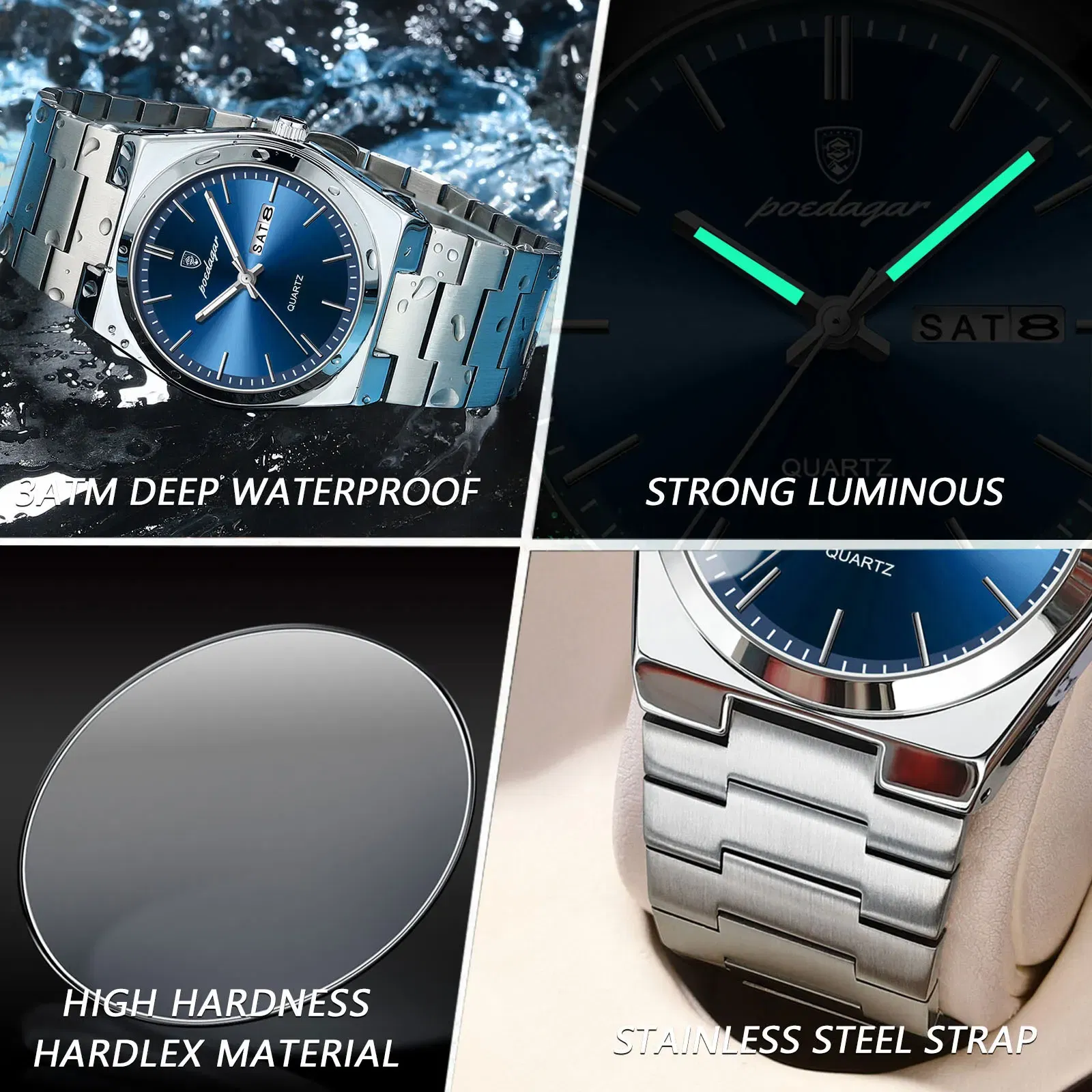 Color: Pink - POEDAGAR Luxury Watch For Man Waterproof Luminous Date Week Stainless Steel Men Watch Casual Quartz Men's Watches Male Clock+box