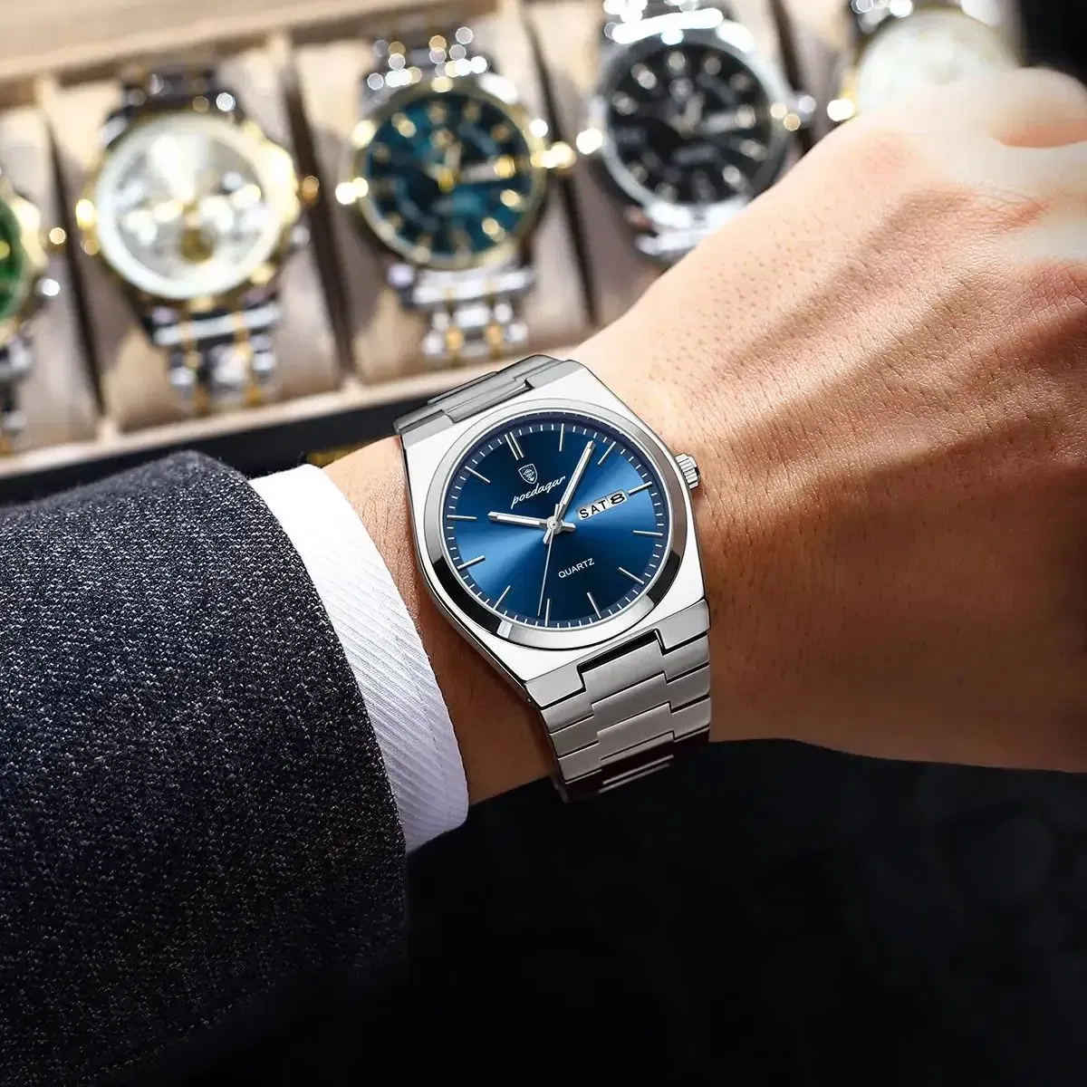 Color: Pink - POEDAGAR Luxury Watch For Man Waterproof Luminous Date Week Stainless Steel Men Watch Casual Quartz Men's Watches Male Clock+box