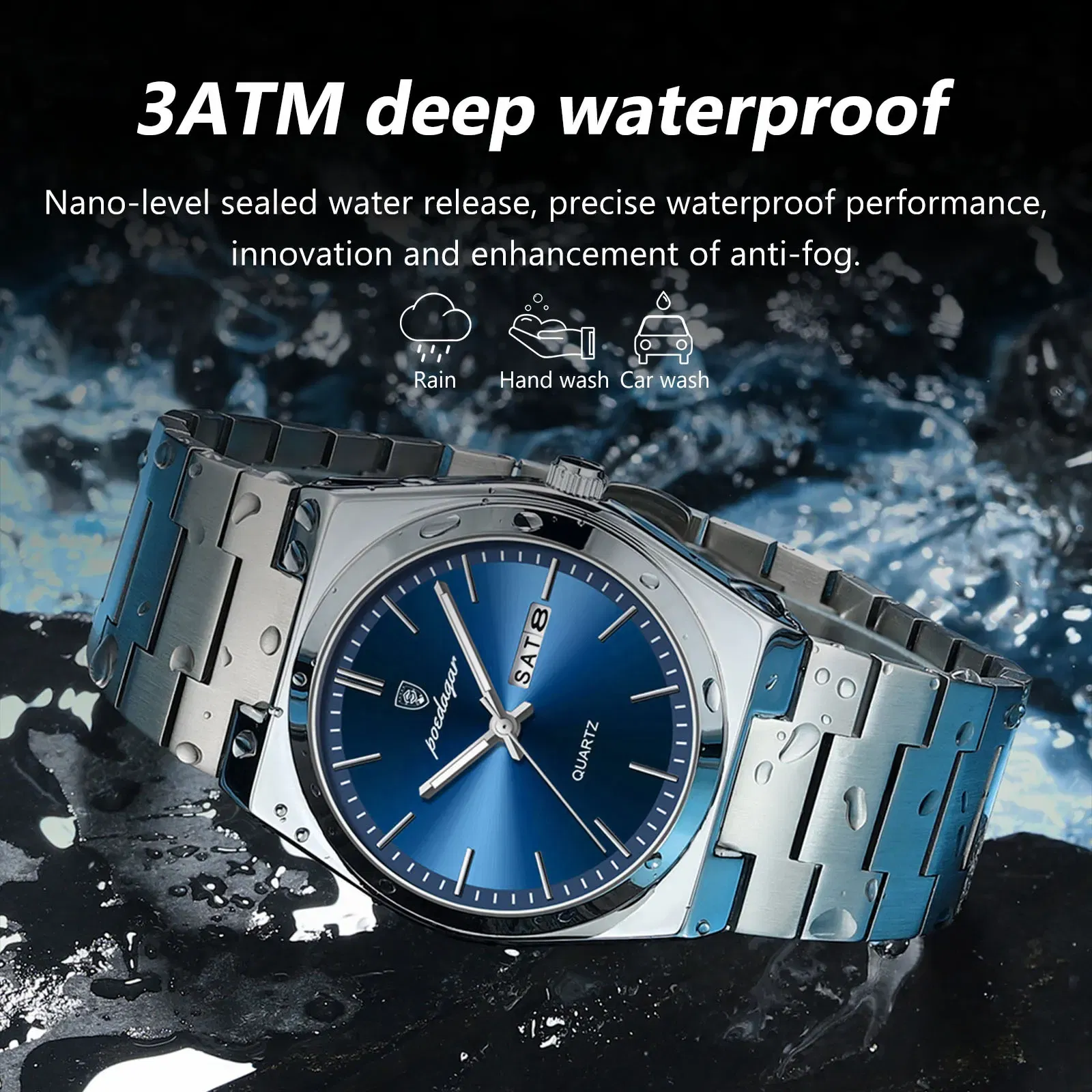 Color: Pink - POEDAGAR Luxury Watch For Man Waterproof Luminous Date Week Stainless Steel Men Watch Casual Quartz Men's Watches Male Clock+box