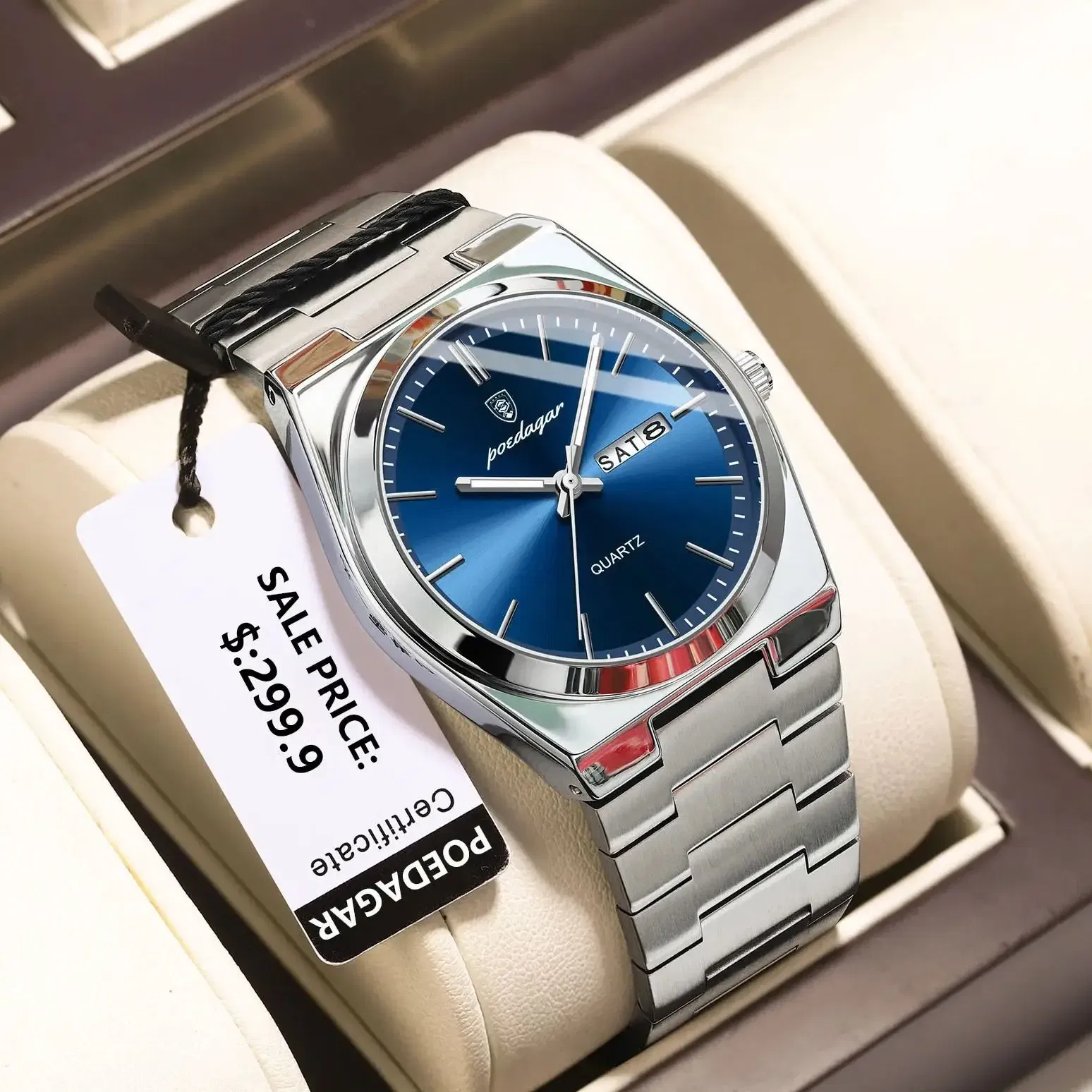 Color: Pink - POEDAGAR Luxury Watch For Man Waterproof Luminous Date Week Stainless Steel Men Watch Casual Quartz Men's Watches Male Clock+box