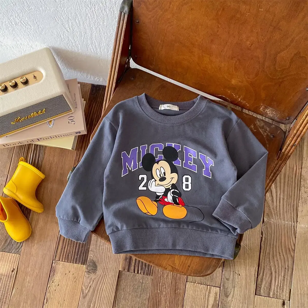 Color: Beige, Kid Size: 18M - Fashion Cartoon Printed Children Hoodies Crewneck Baby Boys Girls Long Sleeve Tops Loose Disney Kids Clothing Autumn Sweatshirts