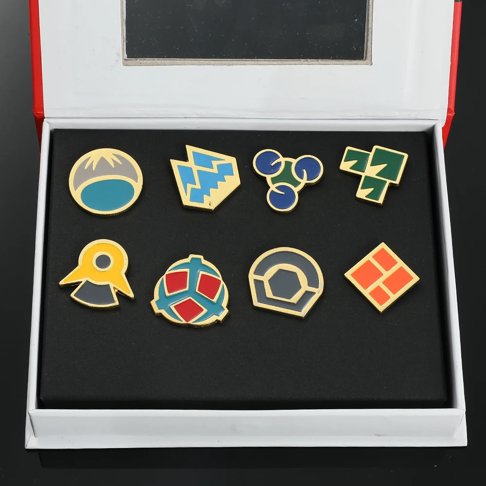 Metal color: Pure Gold Color - Pokemon Gym Badges Kanto Johto Hoenn Sinnoh Unova Kalos League Region Orange Islands Pins Brooches Box Set Pocket Monster