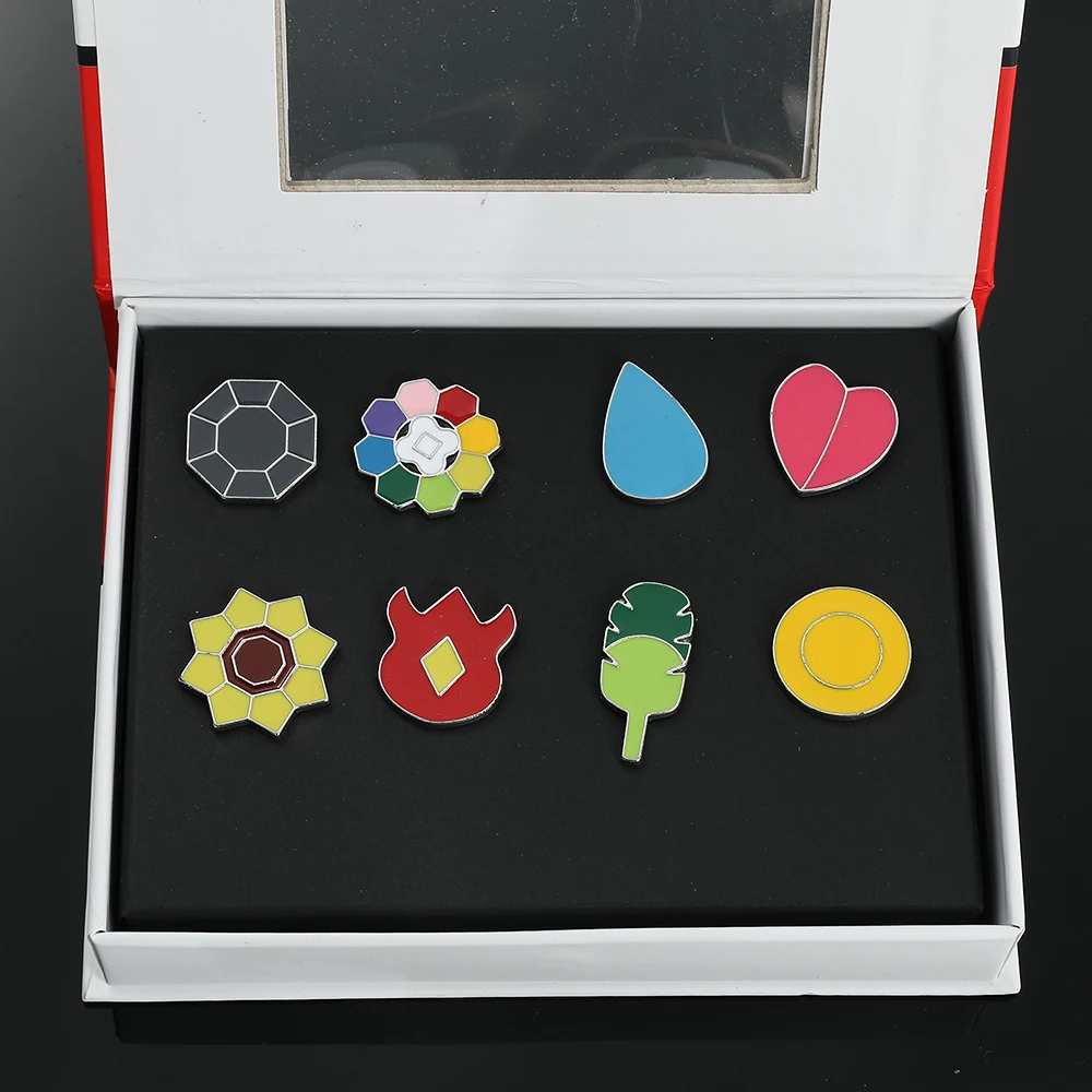 Metal color: Pure Gold Color - Pokemon Gym Badges Kanto Johto Hoenn Sinnoh Unova Kalos League Region Orange Islands Pins Brooches Box Set Pocket Monster
