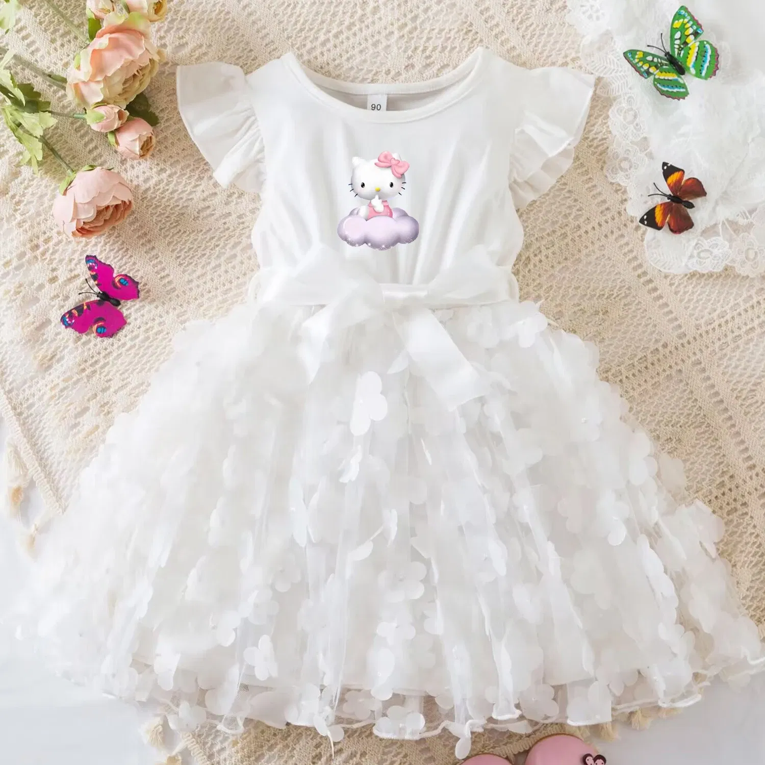 Color: Yellow, Size: M - Hello Kitty Summer Dress for Kid's Casual Clothes 3D Butterfly Cute Baby Girls Princess Dress Party Dresses 2-6 Yrs