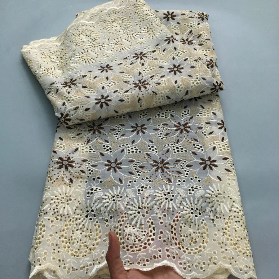Color: BROWN, length: 5 yards, Width: 120cm - Black Swiss Lace Fabric High Quality 2025 Embroidered Rhinestones Nigerian Cotton Lace Fabric African Dress for Women Sew A4212