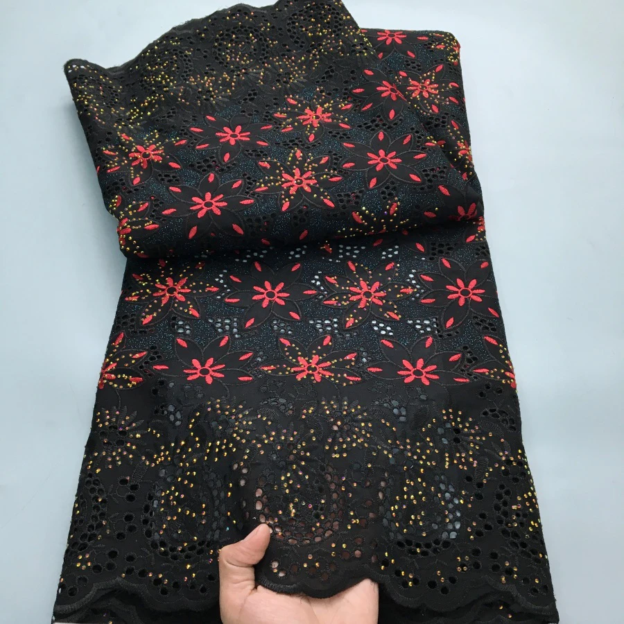 Color: BROWN, length: 5 yards, Width: 120cm - Black Swiss Lace Fabric High Quality 2025 Embroidered Rhinestones Nigerian Cotton Lace Fabric African Dress for Women Sew A4212