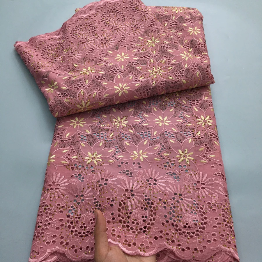 Color: BROWN, length: 5 yards, Width: 120cm - Black Swiss Lace Fabric High Quality 2025 Embroidered Rhinestones Nigerian Cotton Lace Fabric African Dress for Women Sew A4212