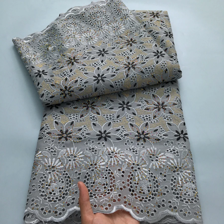Color: BROWN, length: 5 yards, Width: 120cm - Black Swiss Lace Fabric High Quality 2025 Embroidered Rhinestones Nigerian Cotton Lace Fabric African Dress for Women Sew A4212