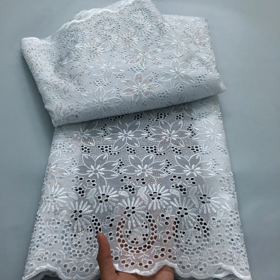 Color: BROWN, length: 5 yards, Width: 120cm - Black Swiss Lace Fabric High Quality 2025 Embroidered Rhinestones Nigerian Cotton Lace Fabric African Dress for Women Sew A4212