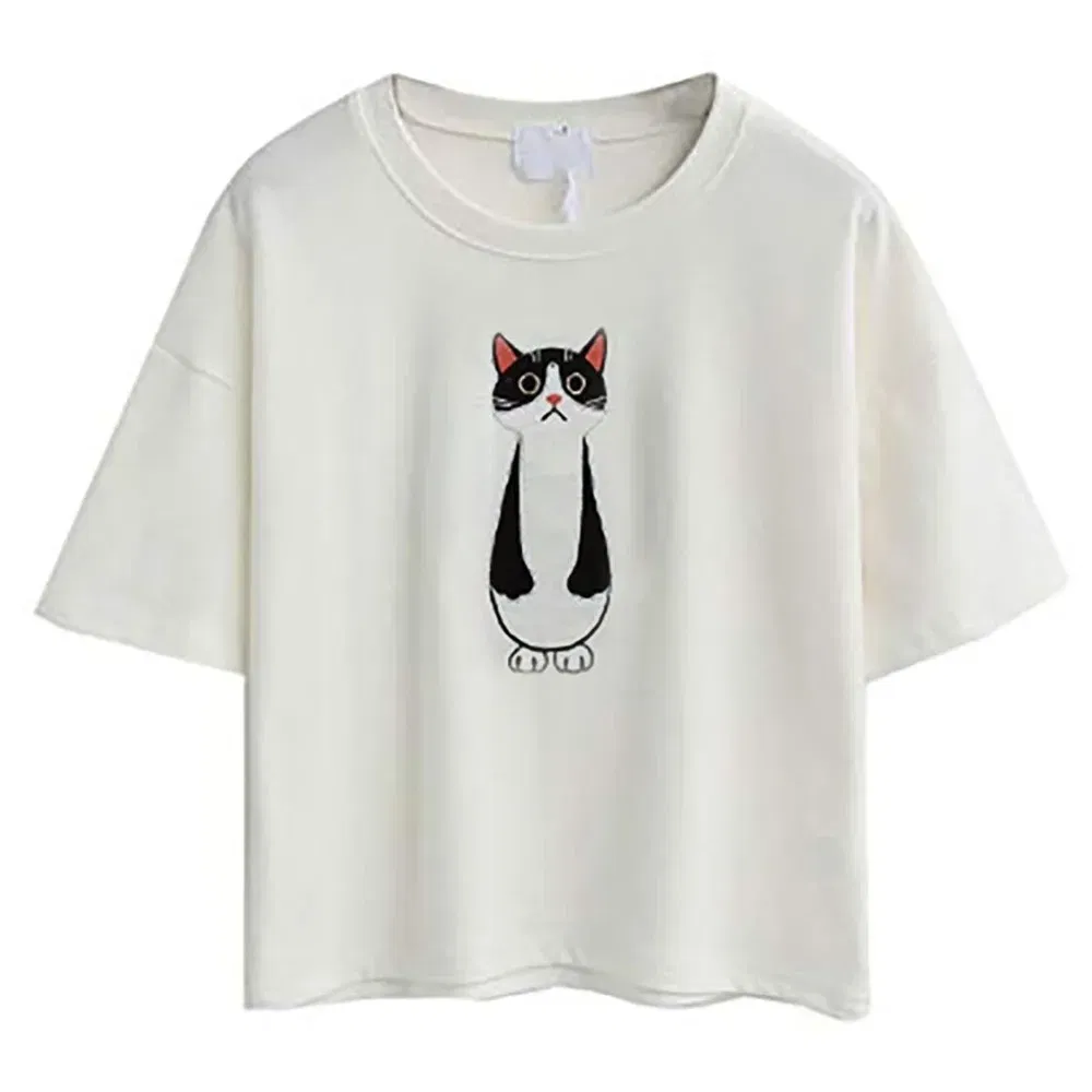 Color: black, Size: M, Ships From: CHINA - 2021 Summer Cotton Short Sleeved Crop Top T-shirt Femme Embroidered Cat T Shirts Cartoon Women Fashion Cactus Top Tee T Shirt