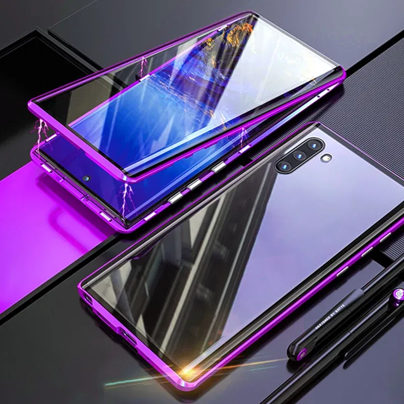Color: PURPLE, Material: aluminum - Full Wrap Metal Bezel Case For Samsung Galaxy S23 S22 Ultra S21 S20 FE S24 Note 10 20 Lite Plus Double-Sided Glass Back Cover