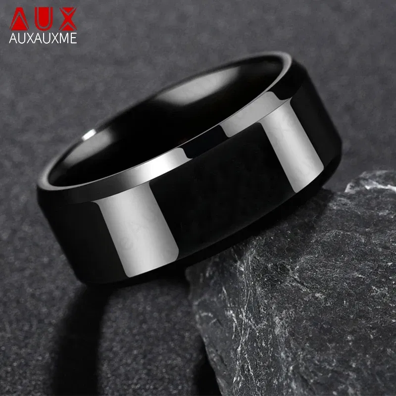 Main Stone Color: GRAY, Ring Size: 7 - Auxauxme 8mm Black Titanium Stainless Men Ring Simple Wedding Bands Rings Gift For Male Jewelry Size 5-13 Drop shipping