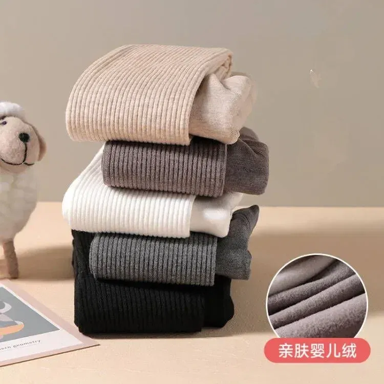 Color: WHITE, Size: S - Winter Infant Girls Plus Velvet Pantyhose Children's Leggings Thickening Children's Babys Skinny Pants Winter Clothes