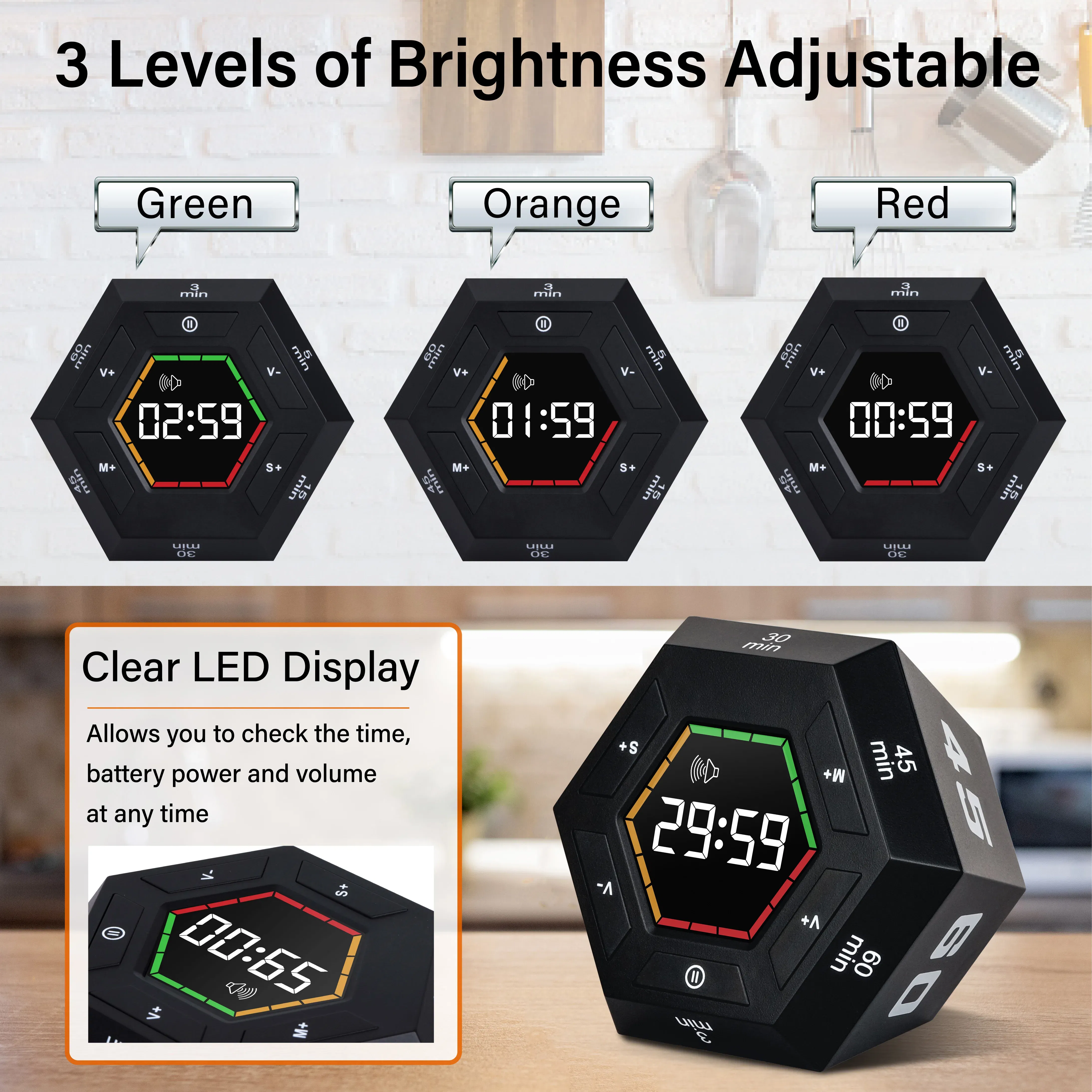 Color: GRAY - Hexagon Visual Flip Timer for kids  Digital Study Pomodoro Cooking Timers Silent timing Magnetic Smart Productivity Kitchen Time