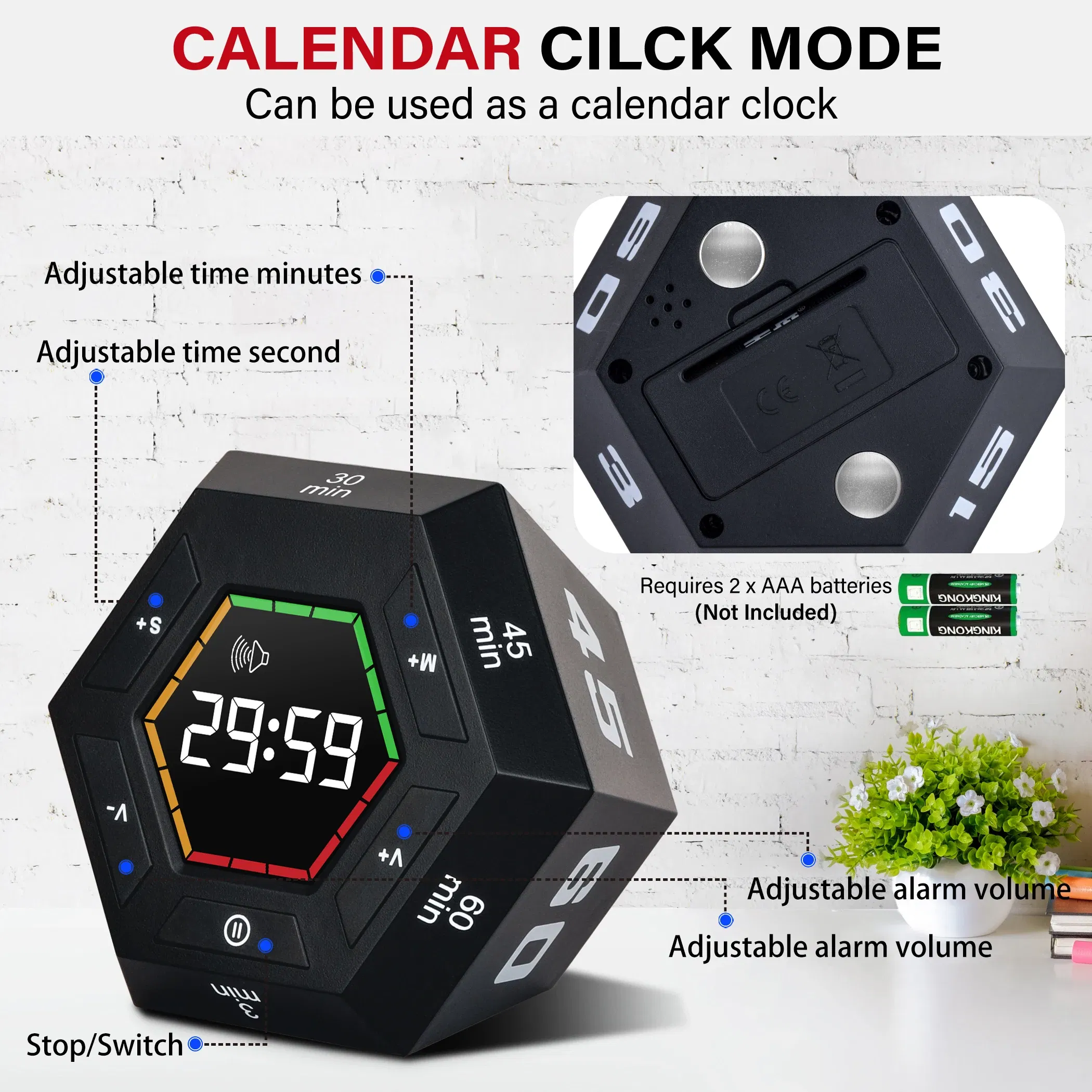 Color: GRAY - Hexagon Visual Flip Timer for kids  Digital Study Pomodoro Cooking Timers Silent timing Magnetic Smart Productivity Kitchen Time