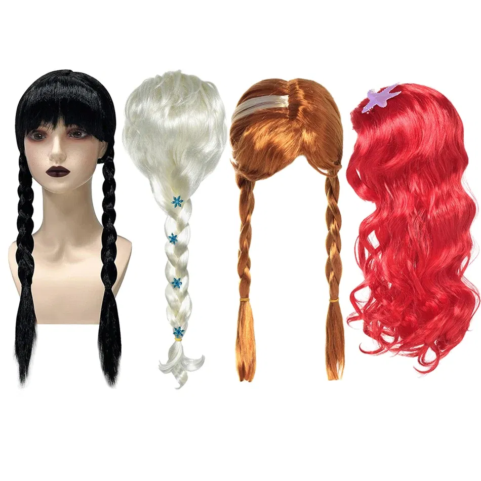 Color: PURPLE - Children Wigs Princess Girls Elsa Anna Cosplay Accessories Kids Halloween Barbi Wigs