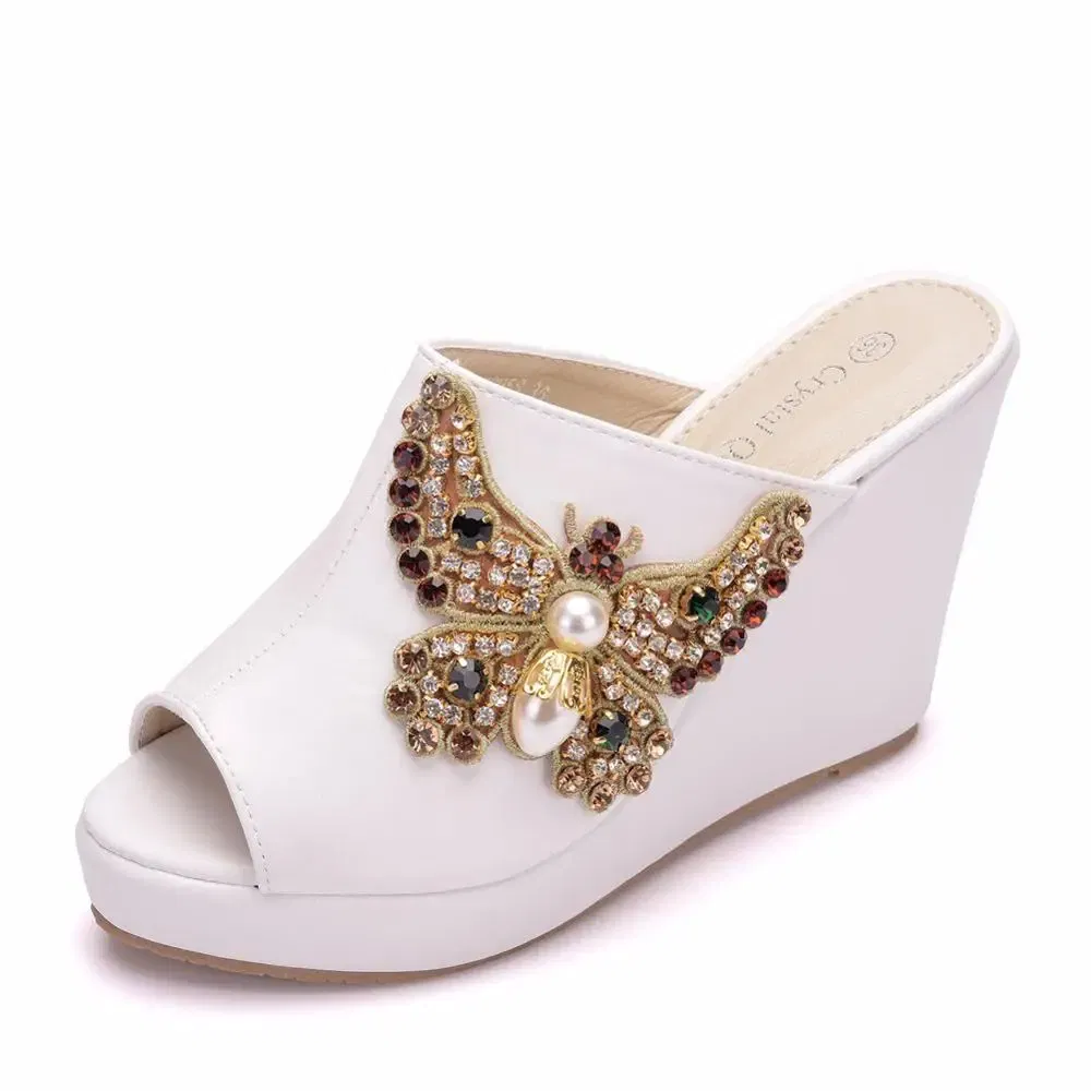 Color: Beige, Shoe Size: 36 - Crystal Queen 10cm Peep Toe Platform Wedges Slippers High Heels Beach Sandals Women