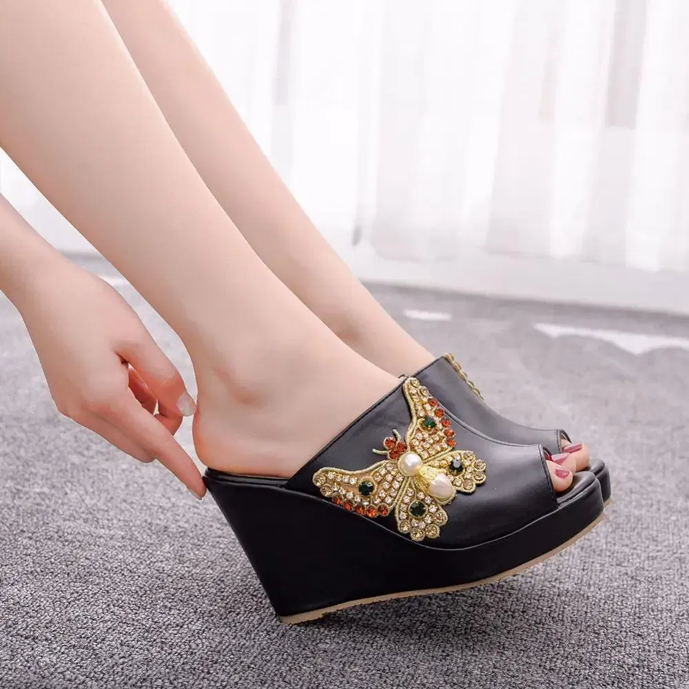 Color: Beige, Shoe Size: 36 - Crystal Queen 10cm Peep Toe Platform Wedges Slippers High Heels Beach Sandals Women