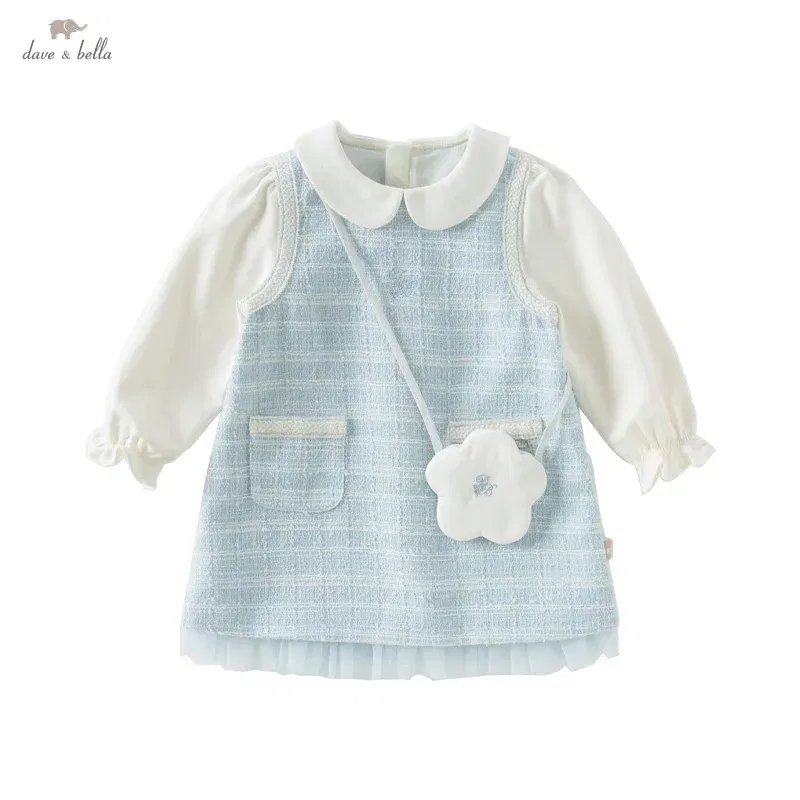 Color: Gold, Kid Size: 24M - Dave Bella Children's Dress 2025 Spring New Girls Baby Gentle Cute Fake Two piece Baby Elegant Princess Dress Party DB1250299