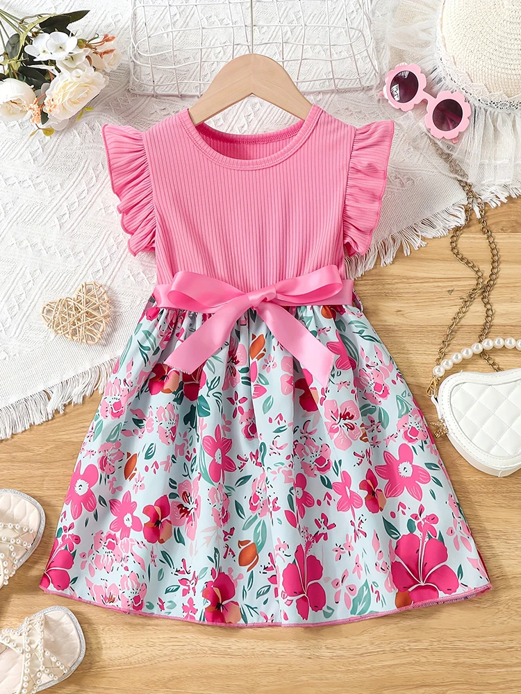 Color: PURPLE, Kid Size: 4 - Sweet Girls Splicing Flower Print Flutter Trim Ribbed Belted Dress