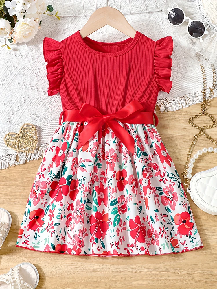 Color: PURPLE, Kid Size: 4 - Sweet Girls Splicing Flower Print Flutter Trim Ribbed Belted Dress