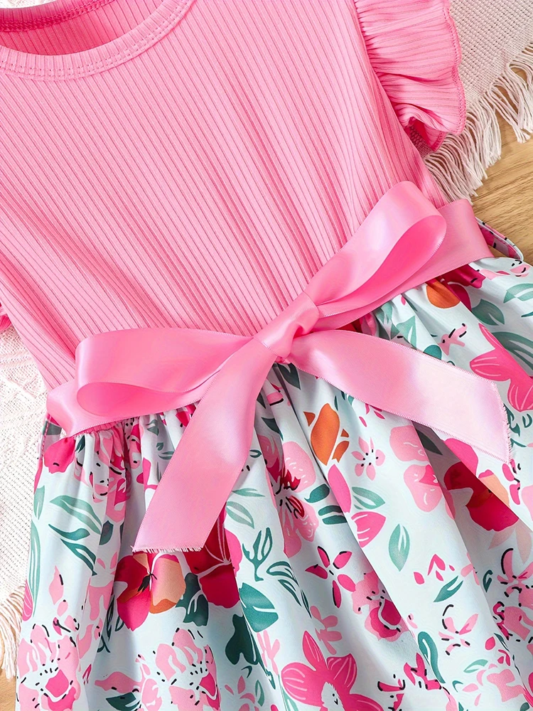 Color: PURPLE, Kid Size: 4 - Sweet Girls Splicing Flower Print Flutter Trim Ribbed Belted Dress